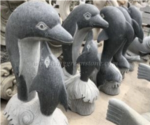 Chinese Animal Natural Stone Carving Grey Granite Penguins Statue