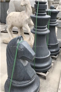 Natural Stone Carving Black Dark Grey Granite Chess Statues for Garden
