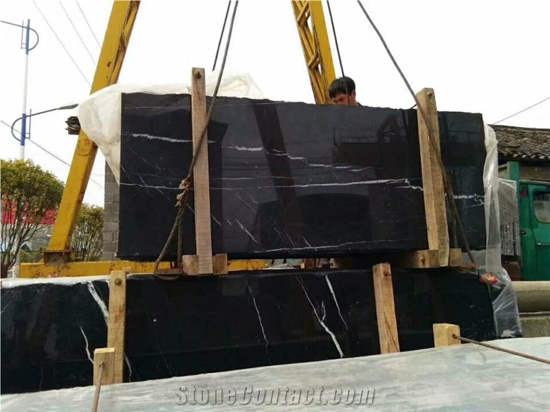 Oriental Black Nero Marquina Marble Tiles Slab, Cut to Size