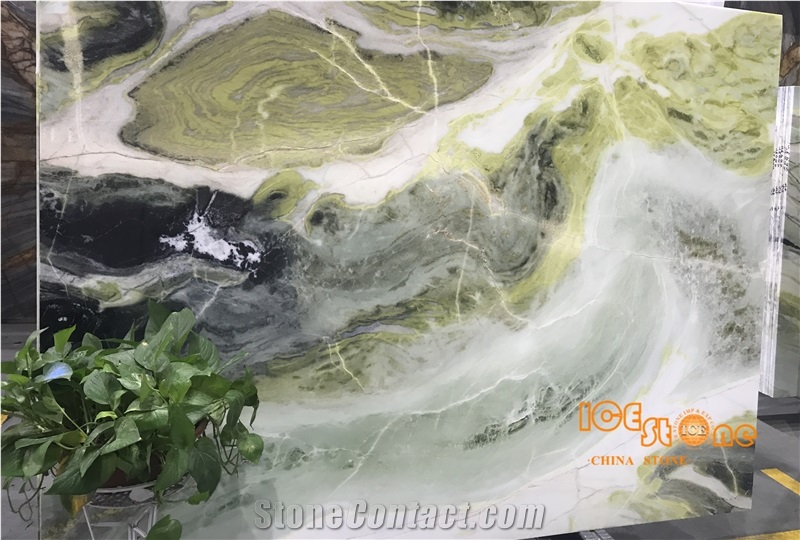 China Dreaming Green Marble Fantacy Bookmatch Pattern Translucent Slab