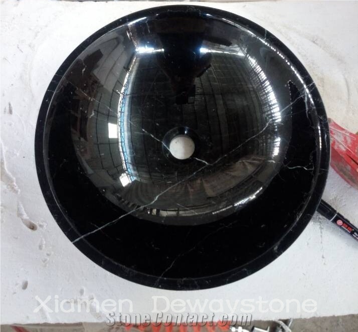 China Negro Marquina Marble Wash Basin Bowls, Round Sink, Vessel Sink