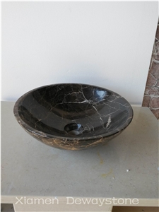 China Negro Marquina Marble Wash Basin Bowls, Round Sink, Vessel Sink