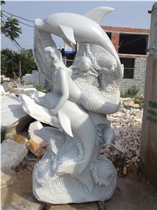Dolphin Mermaid Stone Sculpture, Carved Statue, Handicraft