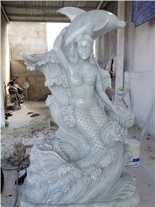 Dolphin Mermaid Stone Sculpture, Carved Statue, Handicraft