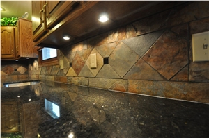 Brown Pearl Granite Kitchen Countertop, Brazil Rust Slate Backsplash