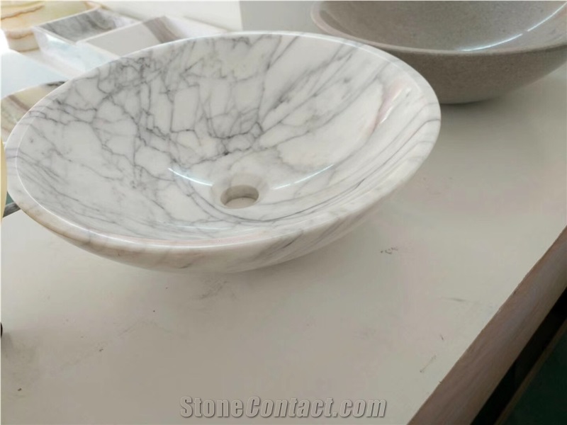 Bianco Carrara White Basins,Bathroom Wash Bowls,Round Sinks