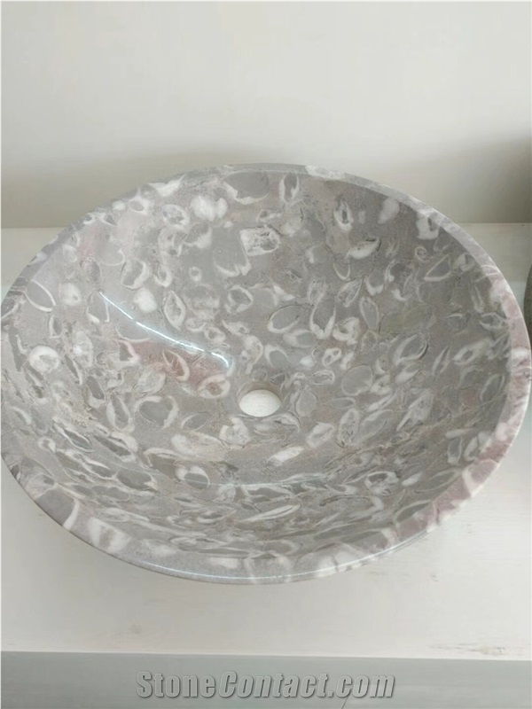 Grey Flower Marble Bathroom Sinks,Wash Bowls,Round Basins