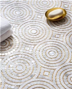 White and Golden Marble Round Mosaics,Floor Pattern,Mosaic Art