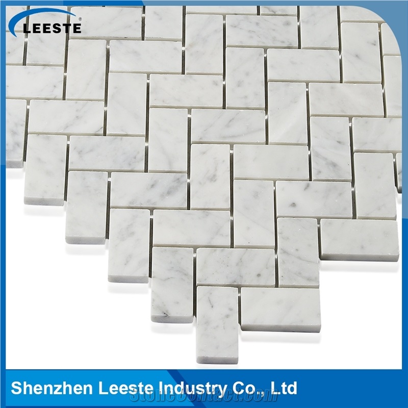 Carrara White Polished 1x2"Herringbone Mosaic Tiles