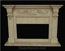 Beige Marble Handcarved Fireplace Mantel, Western Sculptured Fireplace
