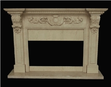 Beige Marble Handcarved Fireplace Mantel, Western Sculptured Fireplace