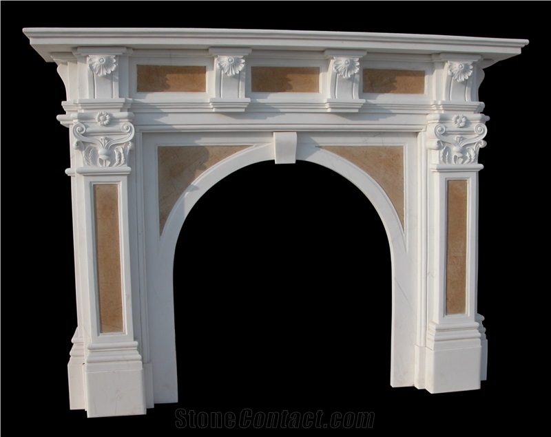 Beige Marble Handcarved Fireplaces Mantel, Western Sculpture Fireplace