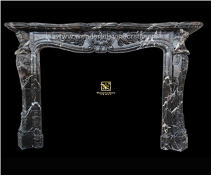 Black Limestone Handcarved Sculptured Fireplaces Mantel, Western Style