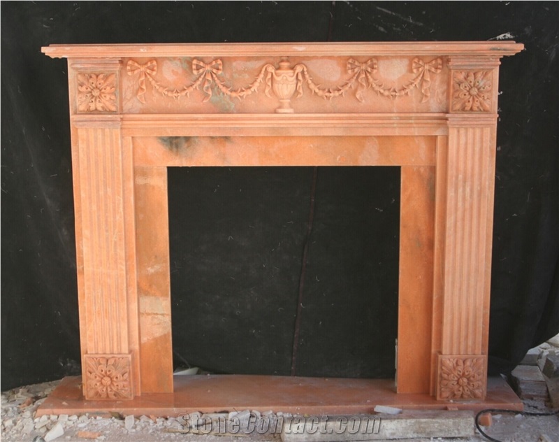 Colorful Red Marble Handcarved Sculptured Fireplaces, Western Style
