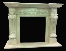 Crema Marfil Handcarved Fireplace Mantel, Western Sculptured Fireplace