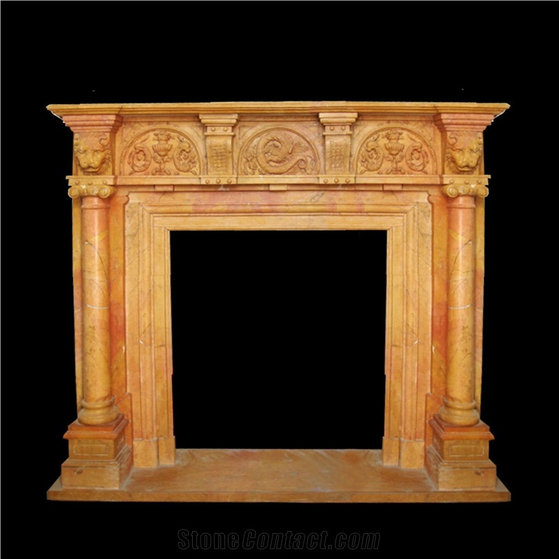 Crema Marfil Handcarved Fireplace Mantel, Western Sculptured Fireplace