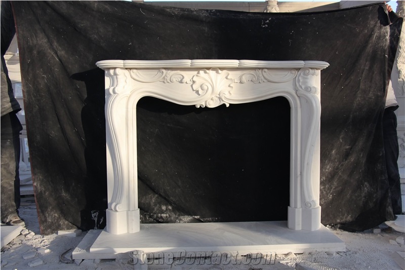 English-Style Handcarved Sculptured Marble Mantel Fireplace