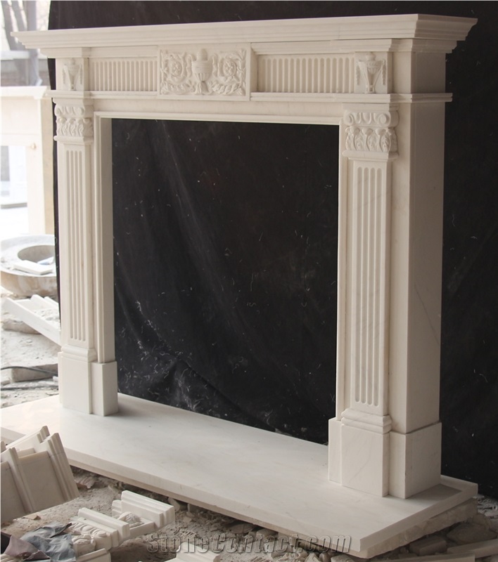 English-Style Handcarved Sculptured Marble Mantel Fireplace