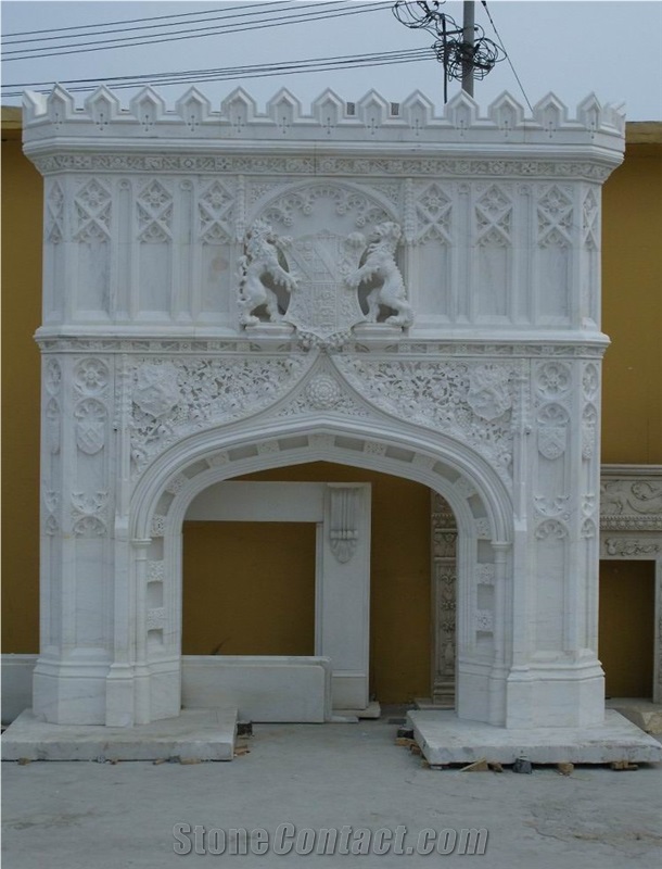 Fangshan White Marble Handcarved Stone Overmantel