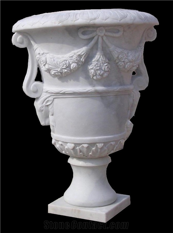 Hand Carved White Marble Sculptured Flower Pots, Western Style Urns