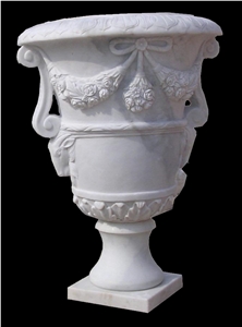 Hand Carved White Marble Sculptured Flower Pots, Western Style Urns