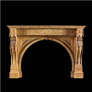 Handcarved Beige Marble Sculptured Fireplaces Mantel, Western Style
