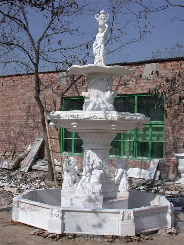 Handcarved Beige Marble Sculptured Garden Fountain, Western Style