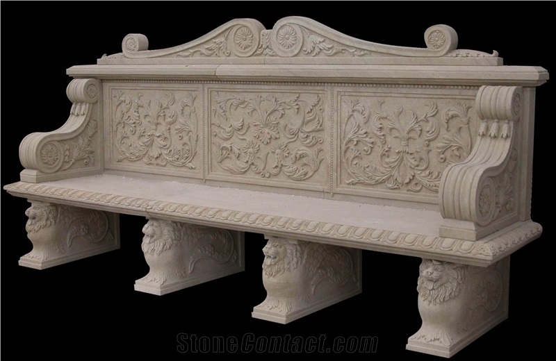 Handcarved Beige Marble Sculptured Outdoor Benches, Western Style