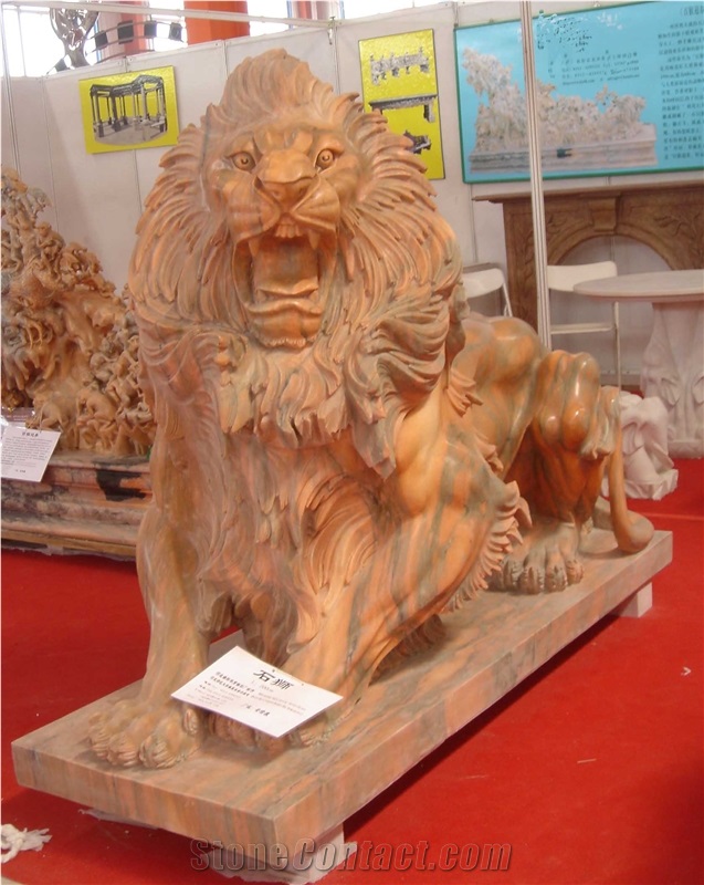Handcarved Red Marble Animals Statues, Western Style Lion Sculptures