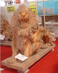 Handcarved Red Marble Animals Statues, Western Style Lion Sculptures