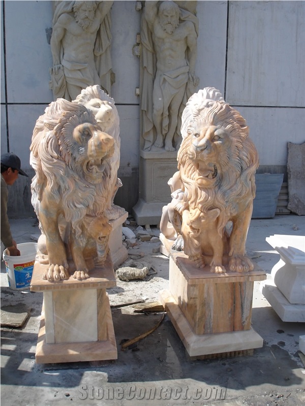 Handcarved Red Marble Sculptured Animal Statues, Western Style Statues