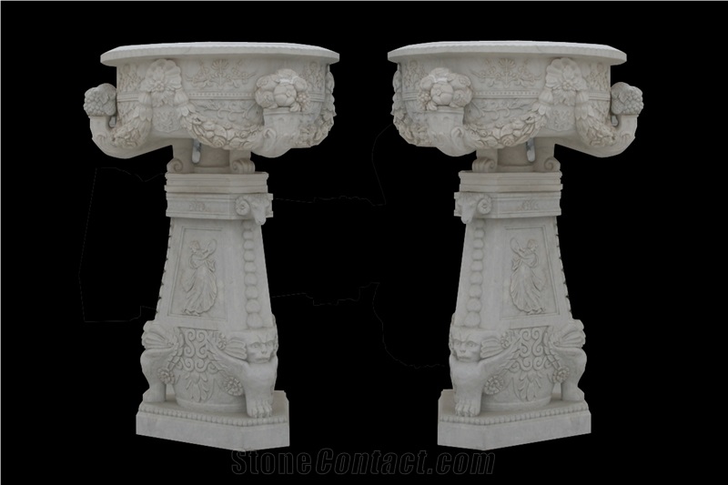 Handcarved White Marble Flower Pots, Western Style Sculptured Pots