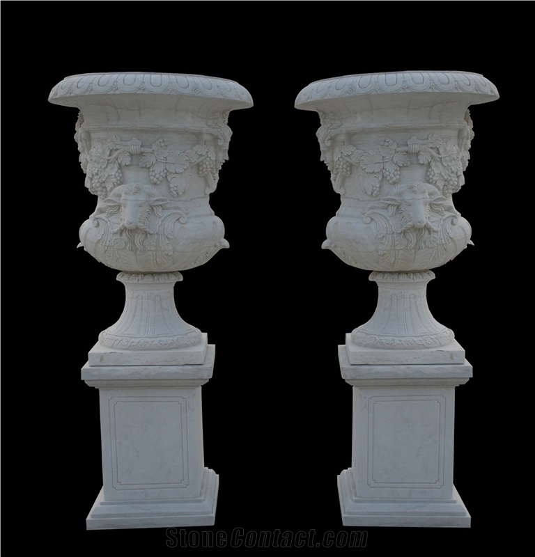 Handcarved White Marble Sculptured Garden Pots,Western Style Urns