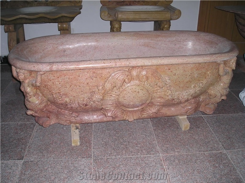 Red Marble Hand Carved Bathtub, Western Style Sculptured Bathtub