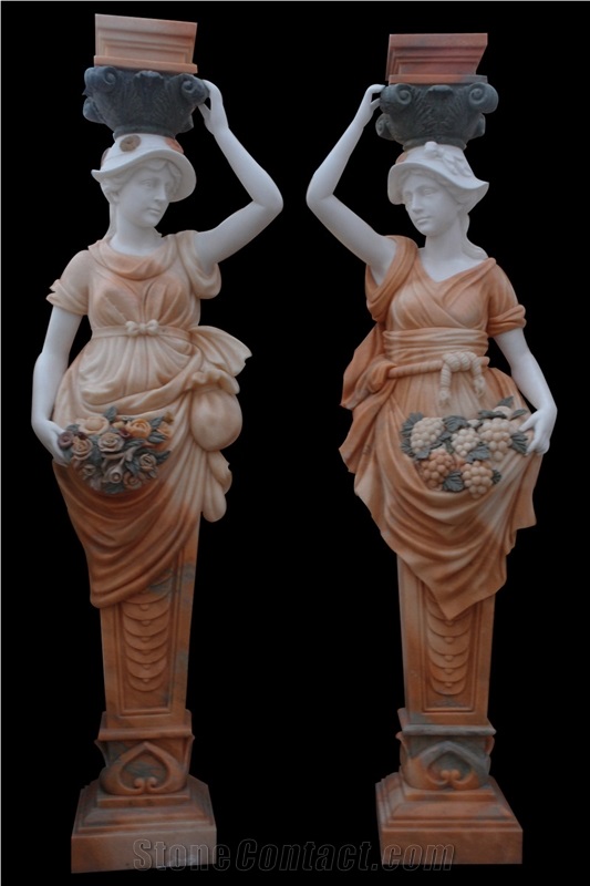 Red Marble Handcarved Building Column Statues, Sculptured Pillars