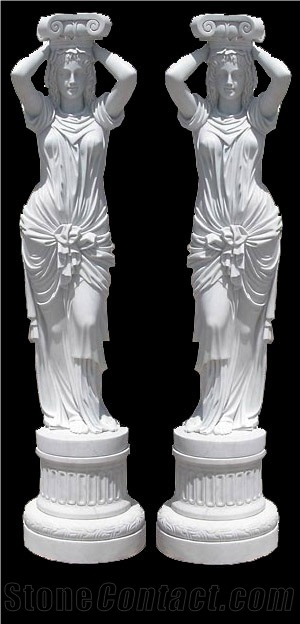 Red Marble Handcarved Building Column Statues, Sculptured Pillars