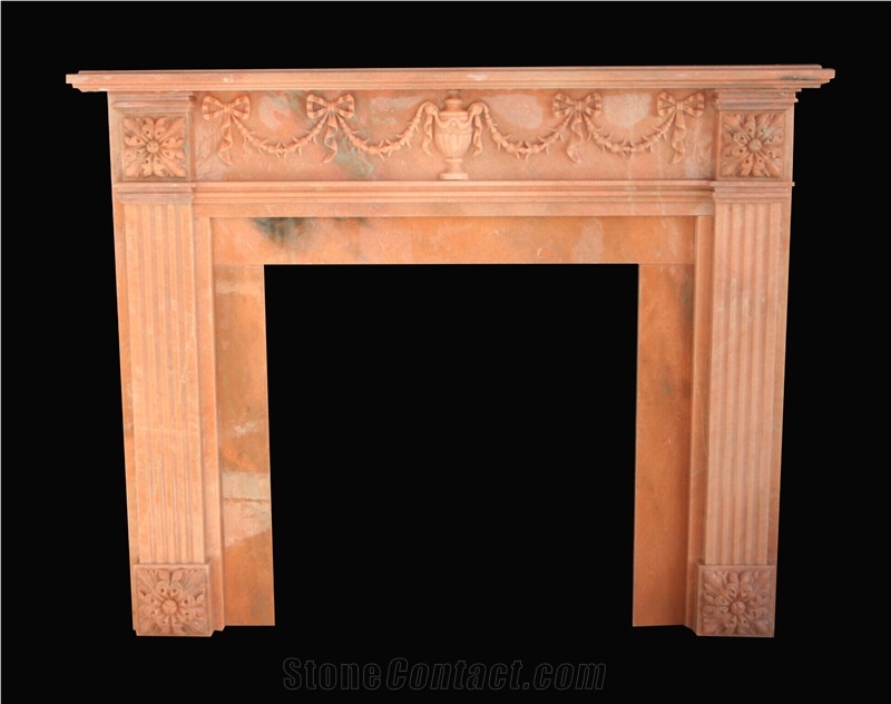 Red Marble Handcarved Fireplaces Mantel , Western Sculptured Fireplace