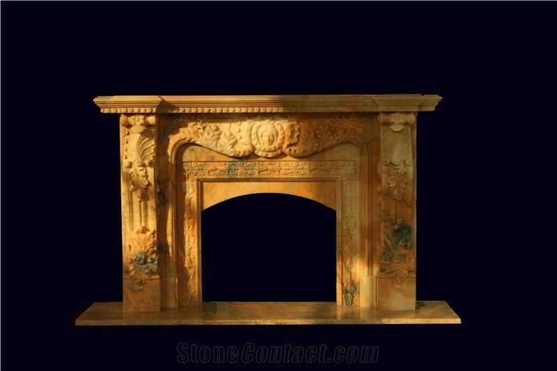 Red Marble Handcarved Fireplaces Mantel, Western Sculptured Fireplace
