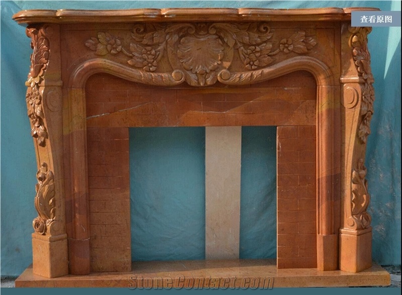 Red Marble Handcarved Fireplaces Mantel, Western Sculptured Fireplace