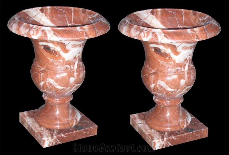 Red Marble Handcarved Garden Pots, Western Sculptured Flower Pots