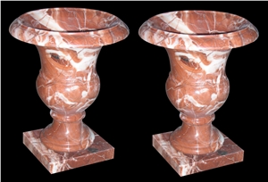Red Marble Handcarved Garden Pots, Western Sculptured Flower Pots