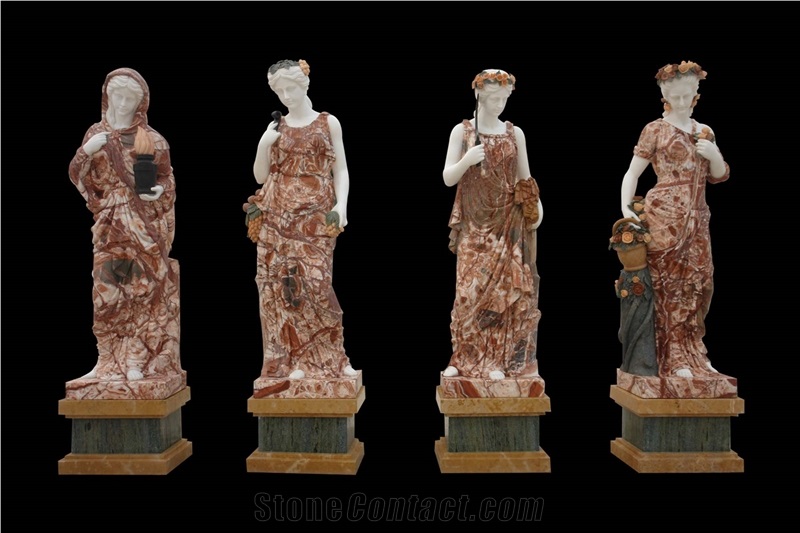 Red Marble Handcarved Human Sculptures, Western Style Women Statues
