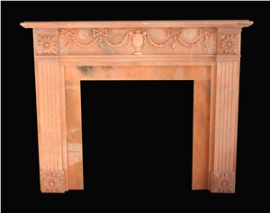 Red Marble Handcarved Sculptured Fireplaces Mantel, Western Style