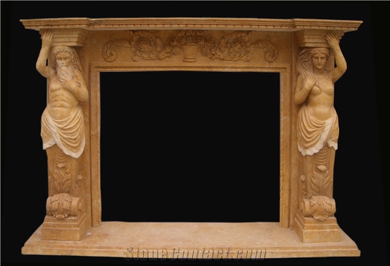 Sculptured Red Marble Fireplaces Mantel, Western Handcarved Fireplace