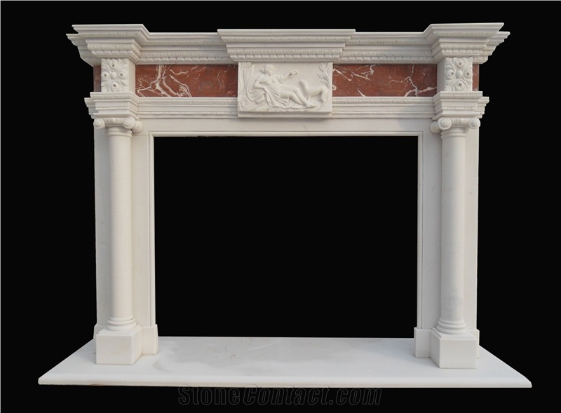 White and Brown Marble Handcarved Fireplaces Mantel, Western Style