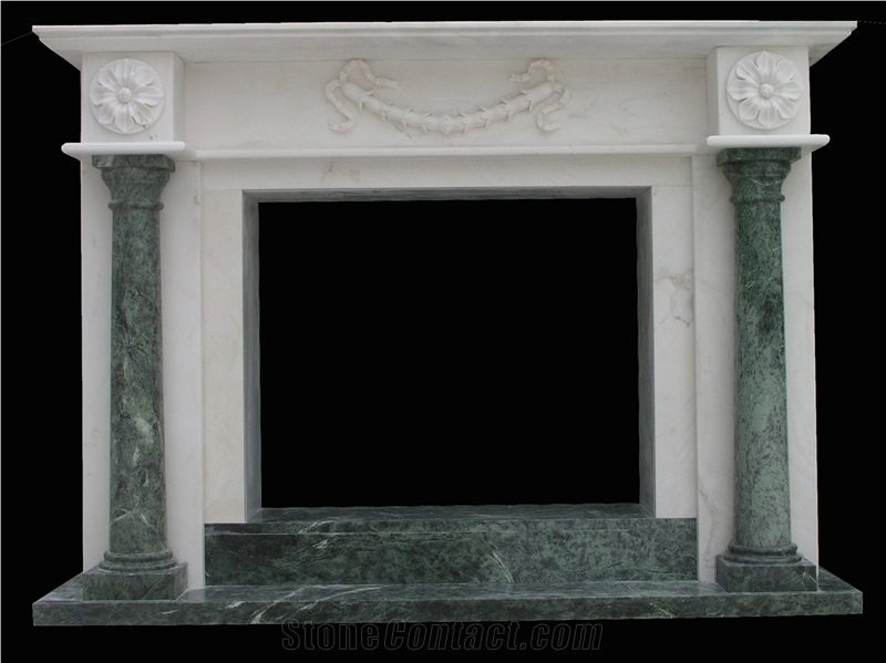White and Green Marble Hand Carved Fireplaces Mantel , Western Style