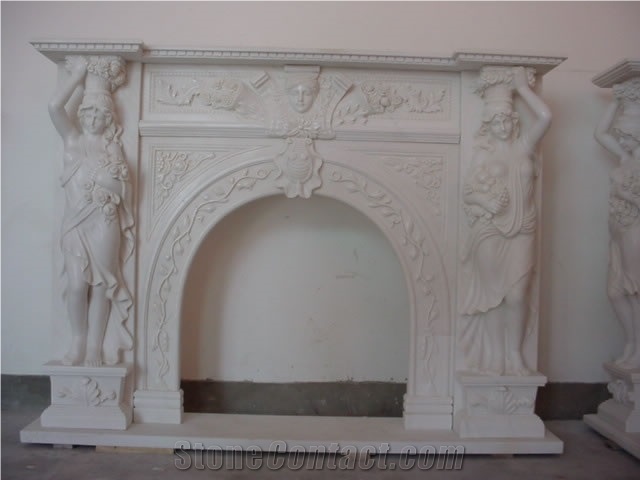 White and Green Marble Hand Carved Fireplaces Mantel , Western Style