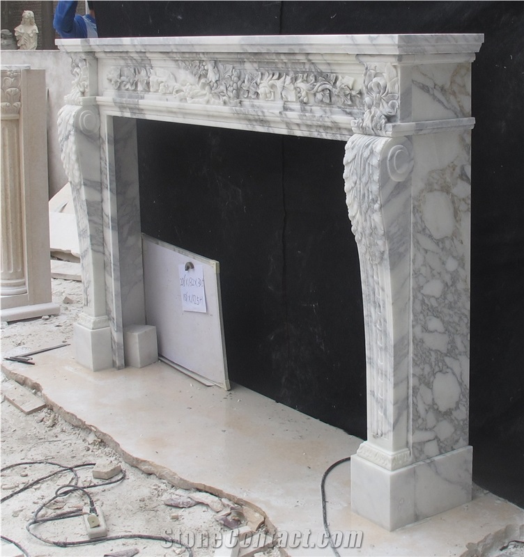 White Arabescato Marble, Mantel Fireplace,Handcarved Fireplace
