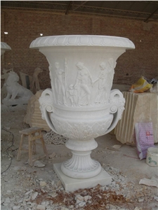 White Handcarved Marble Flower Pots Garden Urban Pot Vases