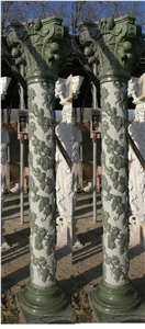 White Limestone Column with Green Marble Carved Base and Capital